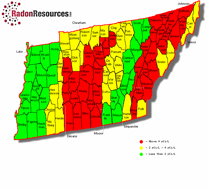 Map of Tennessee Radon Levels