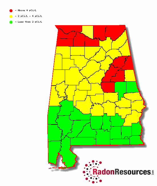 Map of Alabama Radon Levels