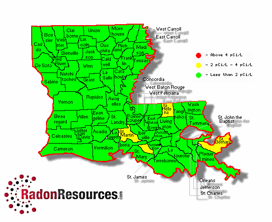 Map of Louisiana Radon Levels