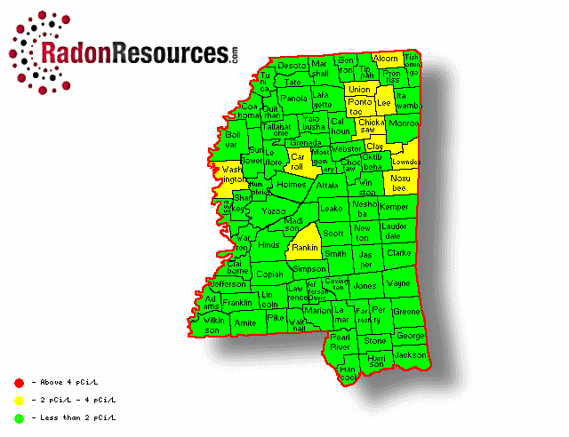 Map of Mississippi Radon Levels
