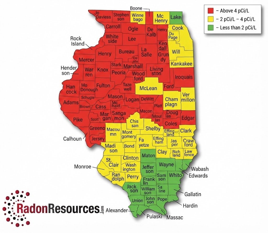 Illinois radon levels by county showing areas above EPA action level