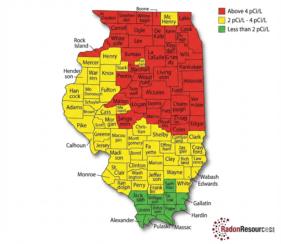 Illinois radon levels by county showing areas above EPA action level